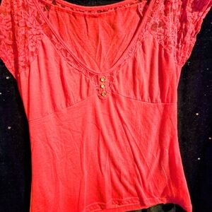 Red Lace Sleeve Top with Button Detail